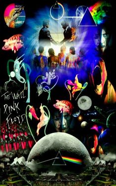 the pink floyd album cover is shown with many different images and symbols on it's side