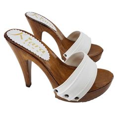 Neutral White Clogs heel 11 CM - K 21101 BIANCO sold by Kiara Shoes on Storenvy Crazy Heels, Platform Clogs Shoes, Bedazzled Shoes, White Clogs, High Heel Clogs, Wooden Heels, Les Brown, Scarf Women Fashion, Clog Heels