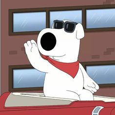 a cartoon polar bear wearing sunglasses and sitting on top of a red car in the rain