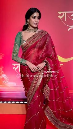 Janvi Kapoor Red Saree, Karwachoth Look In Saree, Red Saree Contrast Blouse Ideas, Saree For Karwa Chauth 2024, Sarees For Newly Wed Bride, Saree For Roka Ceremony, Saree For Karwa Chauth, Saree For Newly Married Bride, Engagement Lehenga Look