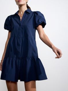 Brochu Walker | Women's Havana Mini Dress in Navy Havana Dress, Kim Seybert, Online Checks, Tier Skirt, Small Chest, Tiered Skirt, Big Sister, Sleepwear Women, Puff Sleeves