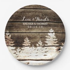 rustic wood and white snowflakes save the date round wallclock with personalized names