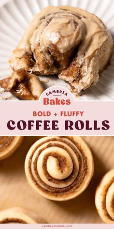 coffee rolls with cinnamon frosting on top and the words baked puffy coffee rolls