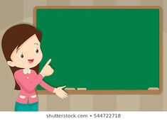 a woman pointing at a blackboard with a green board in the background and another person standing next to it