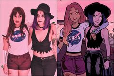 three girls in different outfits and one is wearing a nasa t - shirt