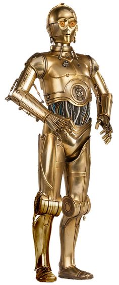 a gold robot is standing with his hands in his pockets and arms out to the side