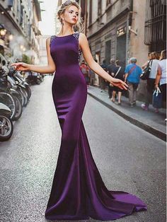 Purple Mermaid Prom Dress, Sukienki Maksi, Mermaid Purple, Purple Angel, Purple Mermaid, Purple Prom Dress, Satin Evening Dresses, Purple Beads, Beaded Prom Dress