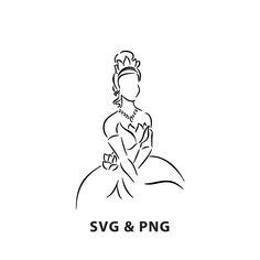 a black and white drawing of a woman in a dress sitting on a chair with the word svg & png below it