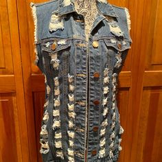 Distressed Sleeveless Denim Jean Vest This Edgy Sleeves Boyfriend Fit Denim Vest Jacket Is Loose In Silhouette Making It Easy To Throw Over Your Favorite Outfits So You Can Rock N? Roll Anywhere! Made From A Lightweight And Breathable Fabric Of 100% Cotton. Allover Distressed Detailing, Button Down Front, By V.I.P Jeans It’s All About The Details! Featuring Patches Of Distressing On The Acid Washed Fabric And Ripped Fringe On The Sleeveless Raw Hem Armholes. Size L = 11/12 Nwot Weird Clothing, Sewing Denim, Denim Inspiration, Crazy Outfits, Jean Vest, Boyfriend Fit, Denim Jean, Denim Vest, Rock N