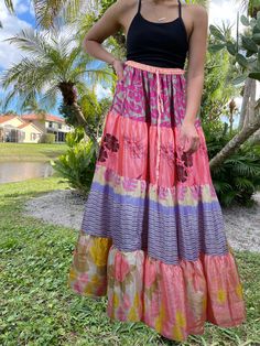 Womens Flamingo Pink Floral Beach Maxi Skirt Patchwork Boho Skirts S/M Pink Bohemian Maxi Bottoms, Pink Bohemian Maxi Length Bottoms, Pink Maxi Bottoms For Vacation, Bohemian Pink Maxi Bottoms, Spring Beach Skirt With Patchwork, Beach Patchwork Skirt For Spring, Spring Beach Patchwork Skirt, Spring Beach Patchwork Maxi Skirt, Bohemian Full-length Maxi Skirt For Beach