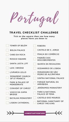 a travel checklist with the words portugal in pink and white, on top of it