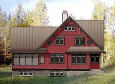 this is an artist's rendering of a red house in the country side view