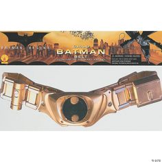 the batman belt is gold in color and has an image of batwoman on it