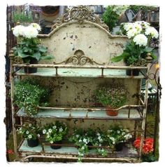 an old shelf with potted plants on it