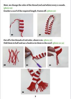 instructions to crochet the red and white striped scarf with fringes on it