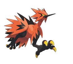 an orange and black pokemon type animal with long legs, eyes, and tail feathers