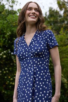 Morgan Dress - Navy Heart Fitted Viscose Dress With Gathered Waist, Retro Fitted Rayon Dresses, Fitted Midi Dress With Gathered Waist For Daywear, Fitted Midi Dress With Gathered Neckline And Short Sleeves, Special Occasion Dresses Long, Morgan Dress, Look Put Together, Defined Waist, Ruched Sleeve