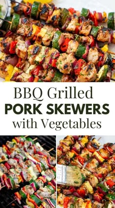 bbq grilled pork skewers with vegetables on top and in the middle