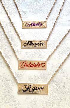 "Nameplate necklace with your name or couple names customized. The plate is made with 14/20 yellow gold filled on both sides. The thickness is 1.02mm. The plate measures 1\"wide by 3\" long. The maximum number of letters is 9. The letters are engraved an enameled in old English or script. The chain is attached to the plate with circle bails. The chain is a gold filled 4.00mm double rope with a lobster claw. The background design is hand engraved with Victorian scrolls or sand finish. The process Yellow Gold Nameplate Necklace, Custom Nameplate Necklace In Rose Gold, Custom Rose Gold Nameplate Necklace With Name, Personalized Nameplate Necklace As A Custom Gift, Personalized Nameplate Necklace For Custom Gift, Gold Customizable Nameplate Necklace, Birthstone Nameplate Necklace, Customizable Yellow Gold Nameplate Necklace, Anniversary Nameplate Necklace