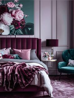 a bedroom decorated in purple and teal tones