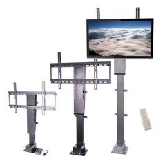 three television stands with two monitors and one tv on top of them, all in different positions