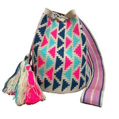 Pink- Navy Blue Crochet Bag | Crossbody Bohemian Handbag | Boho purse for women |Colorful 4U Bohemian Style Bag, Bucket Bag Style, Fall Blue, Summer Purse, Boho Chic Bags, Crochet Boho Bag, Jeans Details, Summer Purses, Wayuu Bag