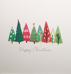 a christmas card with trees on it and the words merry christmas written in large letters