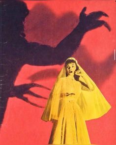 the shadow of a woman in a yellow dress is cast over her face as she stands next to a silhouette of a demon