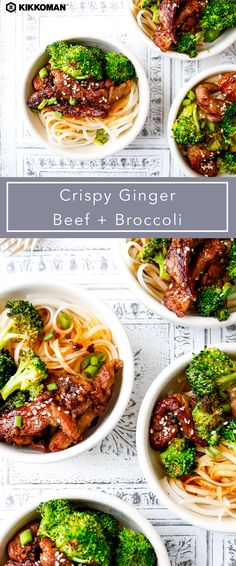 four bowls filled with beef and broccoli on top of a white table cloth