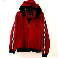 Zara Red Jacket Hoodie Racing Checkered Check Sleeve Accents Lined Size 40 Med True Red Color With Black & White Checkered Ribbon On Sleeves. Black Ribbed Cuffs. Front Zipper. Side Pockets. Satin Lined. Hoodie. 100% Authentic Zara Made In Turkey Super Cool Streetwear Great For Any Day, Any Season. Men's Jacket Size Medium Us Medium Euro 40 Nwot Inventory Bxd#Zr 99 Red Jacket Men, Zara Denim Jacket, Zara Leather Jacket, Cool Streetwear, Grey Suit Jacket, Black White Checkered, Fitted Denim Jacket, Zara Jacket, Lined Hoodie