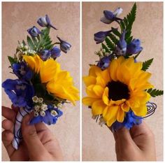 two pictures of sunflowers and bluebells in someone's hand together