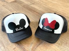 Customized Mickey Mouse and Minnie Mouse Ears Infant/Toddler/Kids/Youth/Adult Trucker Hats Ships from a small business in California Materials: Polyester, Nylon, Foam, Vinyl Size and Fit: *Adult: 22.8 inches +/-3 in circumference, Recommended for 12 years and up *Youth: 54.5cm/21.5 inches +/- 3, Recommended for ages 6 - 12 *Kids/Todder: 54cm/21 inches +/- 3, Recommended for age 18 months - 6 *Baby: 15 - 19 inches, Recommended for age 0 - 18 months Sizing is based on average head circumference fo