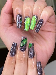 Rick And Morty Acrylic Nails, Pickle Rick Nails, Pickle Nail Art, Pickle Nails, Nail Art For Birthday, Rick And Morty Nail Art, Rick And Morty Nails