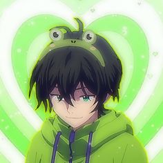 an anime character wearing a green hoodie with a frog on it's head