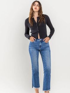 72% Cotton, 25% Polyester, 2% Viscose Rayon, 1% Spandex Comfort Stretch Denim Medium Wash High Rise Kick Flare Rise: 10" Inseam: 26.5" Zipper Fly Button Closure Raw Step Hem Add these staple jeans to your wardrobe today! Our High Rise Raw Hem Cropped Kick Flare Jeans can be worn during any season & goes with a variety of outfits. Style with a tee or sweater, gold jewelry, white sneakers & a matching handbag. 📦 Free standard shipping on orders $150 or more 🛍️ Free in-store pick up at La Grange Versatile Dark Wash Flare Jeans For Fall, Casual Fitted Winter Flare Jeans, Versatile Fitted Denim Flare Jeans, Versatile Fitted Flare Denim Jeans, Versatile Mid-rise Flare Jeans For Fall, Versatile Fitted Flare Jeans, Stretch Denim Tops For Work, Fitted Mid-rise Winter Jeans, Fitted Dark Wash Jeans For Winter