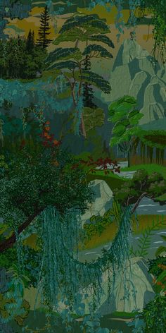 an image of a painting with trees and mountains in the backgroung area