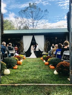 an outdoor ceremony with pumpkins and flowers