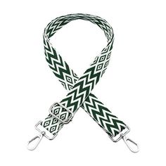 a green and white lanyard with silver buckles