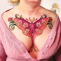 Unique Neo Traditional Tattoo, Moth Tattoos For Women Color, Pastel American Traditional Tattoo, Moth Elbow Bend Tattoo, Pink Moth Tattoo, Woman’s Chest Tattoo, Colorful Chest Tattoo, Amputee Tattoos, Moth Tattoo Color