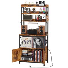 a book shelf with speakers, books and other items on it's shelves in front of a white background