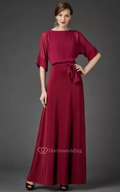 Bateau Bat Half Sleeve A-line Pleated Chiffon Long Dress With Sash - Dorris Wedding Bateau Neckline Dress, Jersey Evening Dress, Chiffon Long Dress, Mother Of Groom Dresses, Chiffon Dress Long, Pleated Chiffon, Illusion Dress, Mother Of Groom, Dress Chiffon