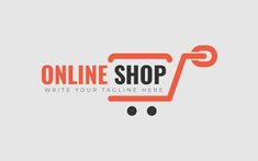 an orange shopping cart logo with the words online shop written in red and black on it