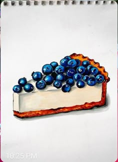 a drawing of a piece of cake with blueberries on top, sitting on a white surface