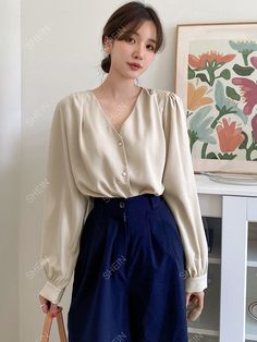 DAZY Bishop Sleeve Button Front Blouse Dazy Shein, Modest Blouse, Wardrobe Refresh, Feminine Blouses, Cute Blouses, Bishop Sleeve, Women Blouses, Fashion Blouse, Blouse Pattern