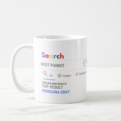 a white coffee mug with the words search on it