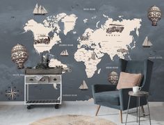 a living room with a world map on the wall and various objects around it, including a chair