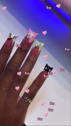 Duck Nails Y2k Hello Kitty, Hello Kitty Inspired Nails, Hello Kitty Duck Nails, Long Nail Designs Hello Kitty, Pink Hello Kitty Duck Nails, Long Acrylic Nail Designs Hello Kitty, Duck Tip Acrylic Nails Y2k, Eyelash Ideas, Length Nails