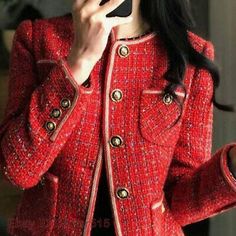 Red Tweed Blazers Women New Autumn Winter Loose New Single-Breasted Suit Jacket  | eBay 1980 Clothes, Red Jacket Women, Tweed Blazer Women, Winter Fashion Jackets, Casual Professional, Plaid Outfits, Wool Coat Women, Retro Mode, Tweed Coat