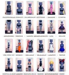 an image of many mannequins in different styles and sizes with names on them