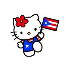 a hello kitty holding an american flag in her hand and wearing a red, white, and blue t - shirt